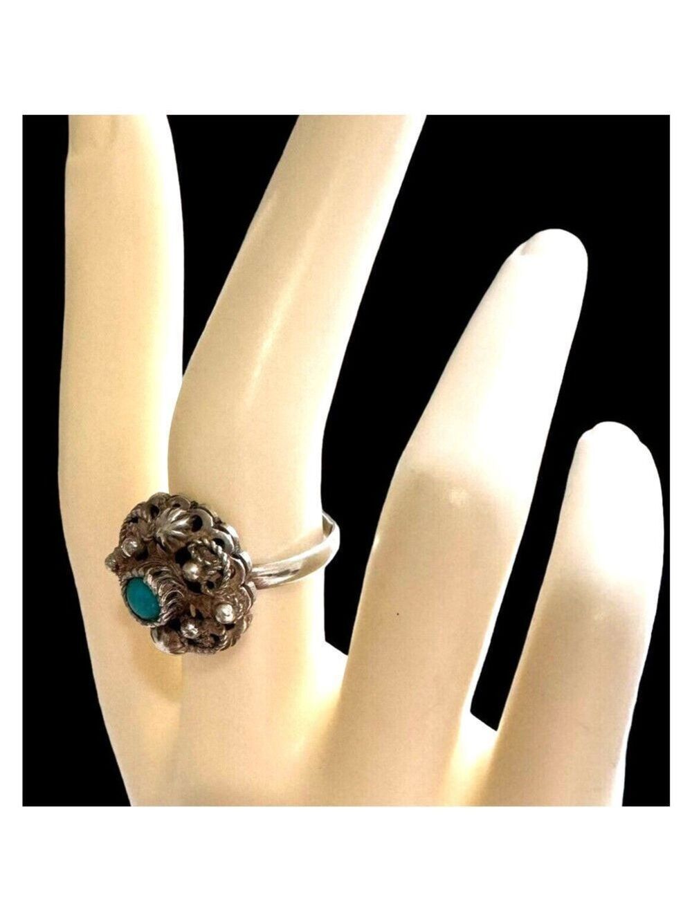 Antique Mexican Sterling Silver Filigree Flower Ring Turquoise Stone Sz 7.75 - Picture 10 of 10